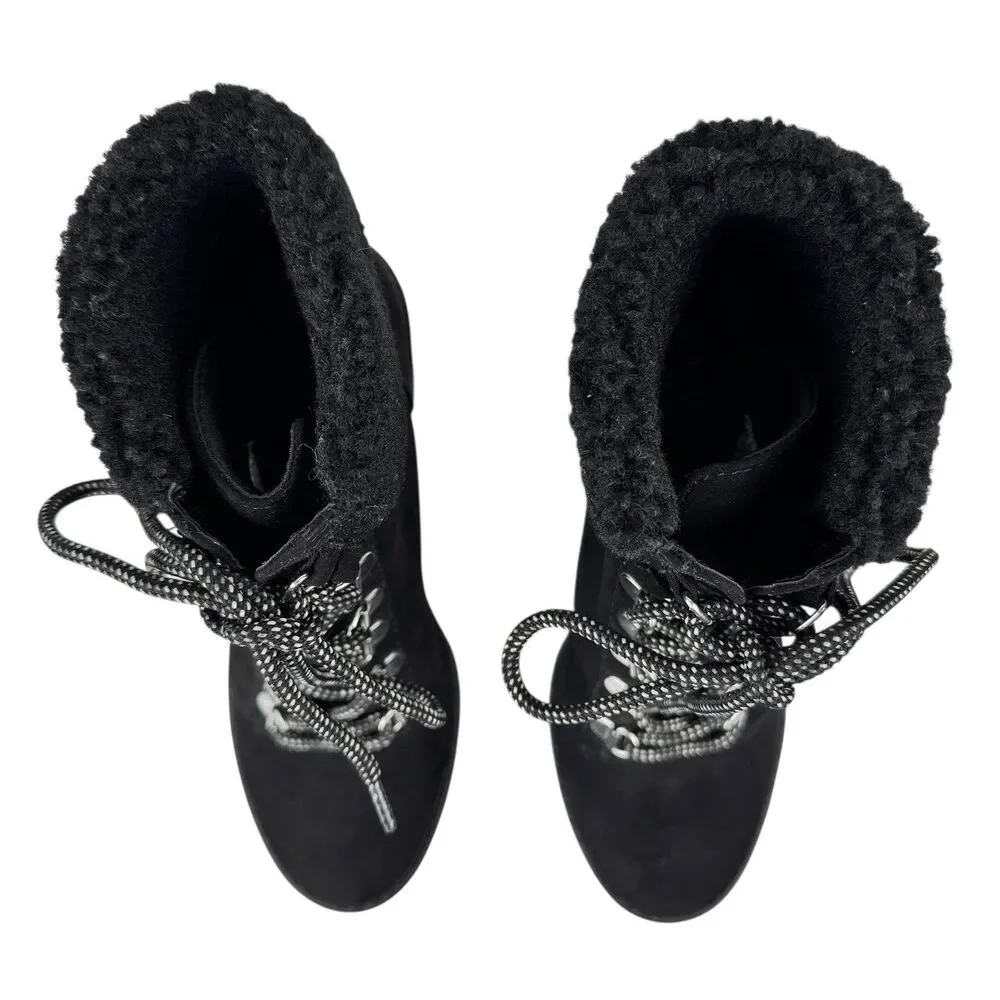 Esprit Roxy Womens Suede Wedge Faux Fur Ankle Bootie 7M‎ Black Lace Up Cozy